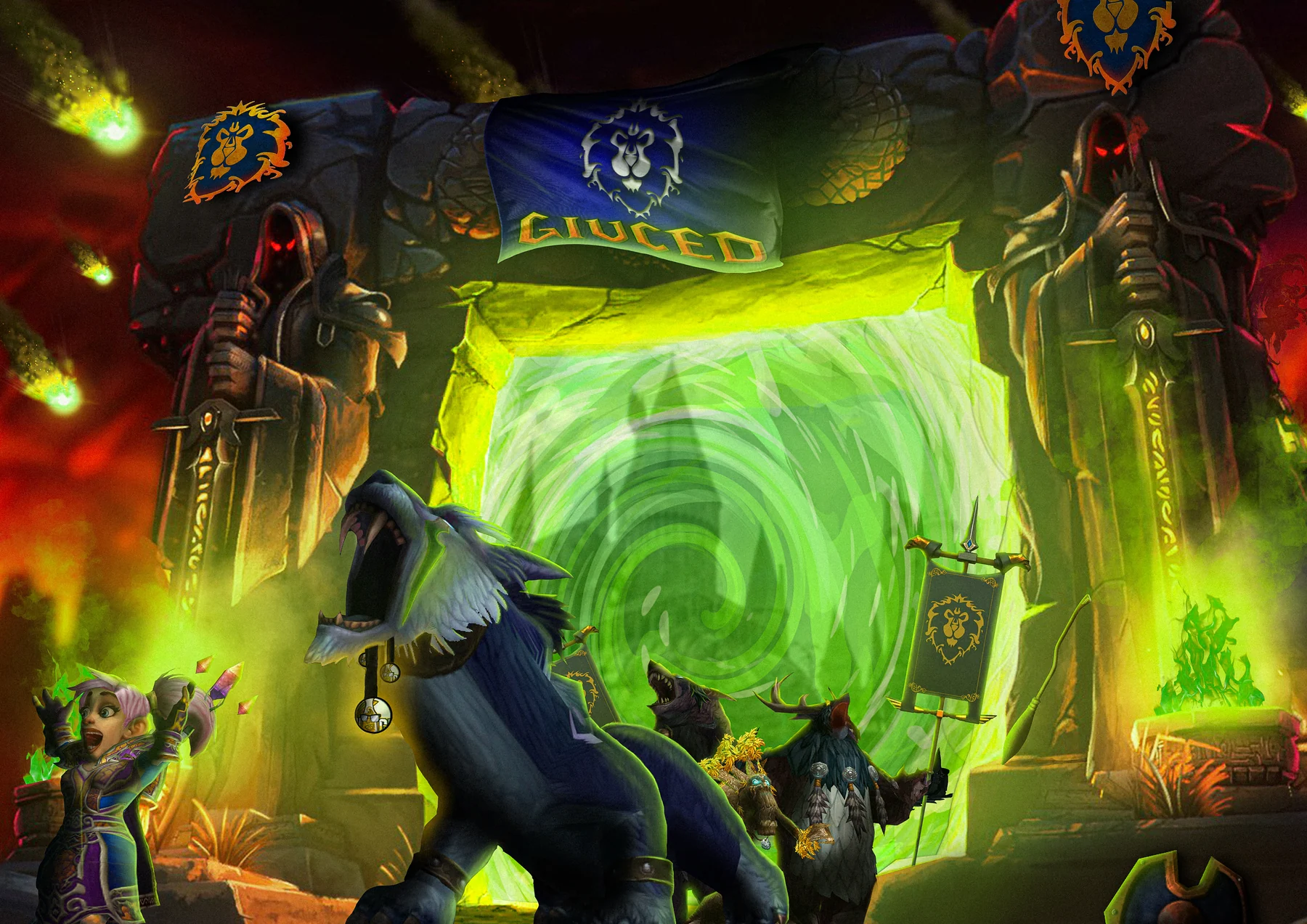 World-of-Warcraft-Fotomontage mit einzeln eingefügten Charakteren vor einem leuchtend grünen Portal